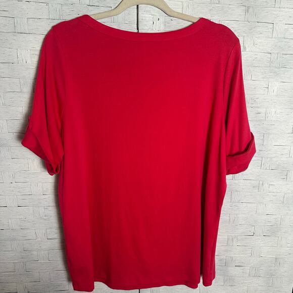 Talbots women’s T-shirt turn cuff short sleeve pink bowt neck petite plus size - Picture 2 of 6